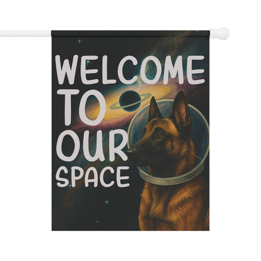 Printify Home Decor 24.5'' × 32'' Garden Flag, Belgian Malinois Space Lover Banner, Astronaut Decor, Outer Space