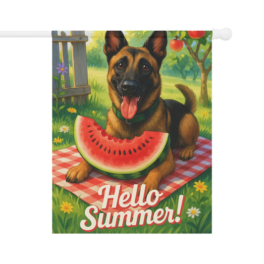 Printify Home Decor 24.5'' × 32'' Garden Flag, Belgian Malinois Watermelon Hello Summer Yard Sign, Picnic