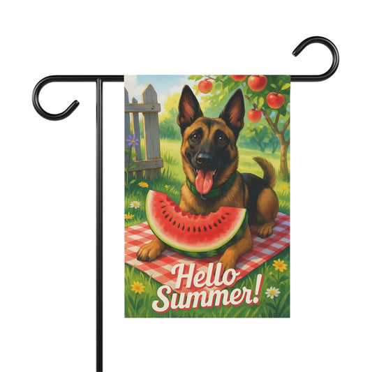 Printify Home Decor 12'' × 18'' Garden Flag, Belgian Malinois Watermelon Hello Summer Yard Sign, Picnic
