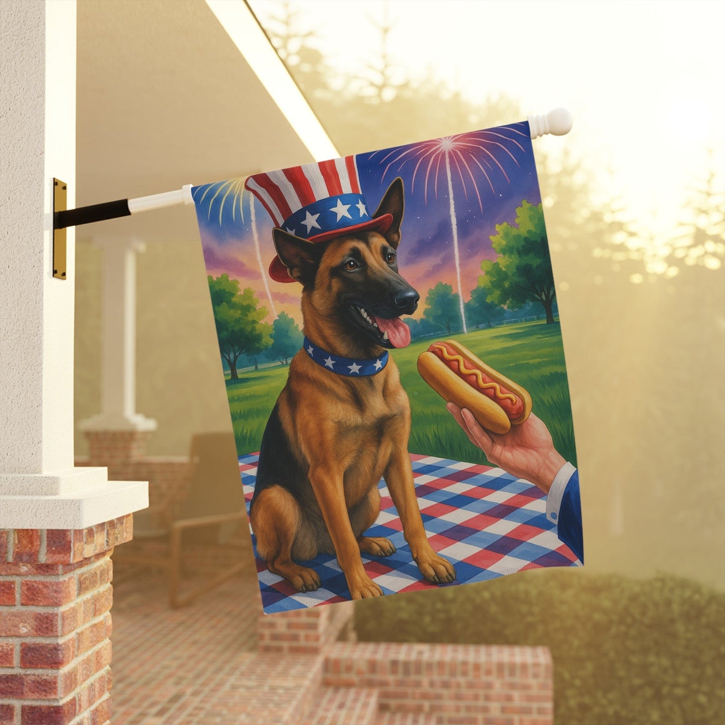 Printify Home Decor Garden Flag, Belgian Malinoise Dog 4th of July Yard Decor, Hot Dog Independence Day America