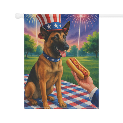 Printify Home Decor Garden Flag, Belgian Malinoise Dog 4th of July Yard Decor, Hot Dog Independence Day America