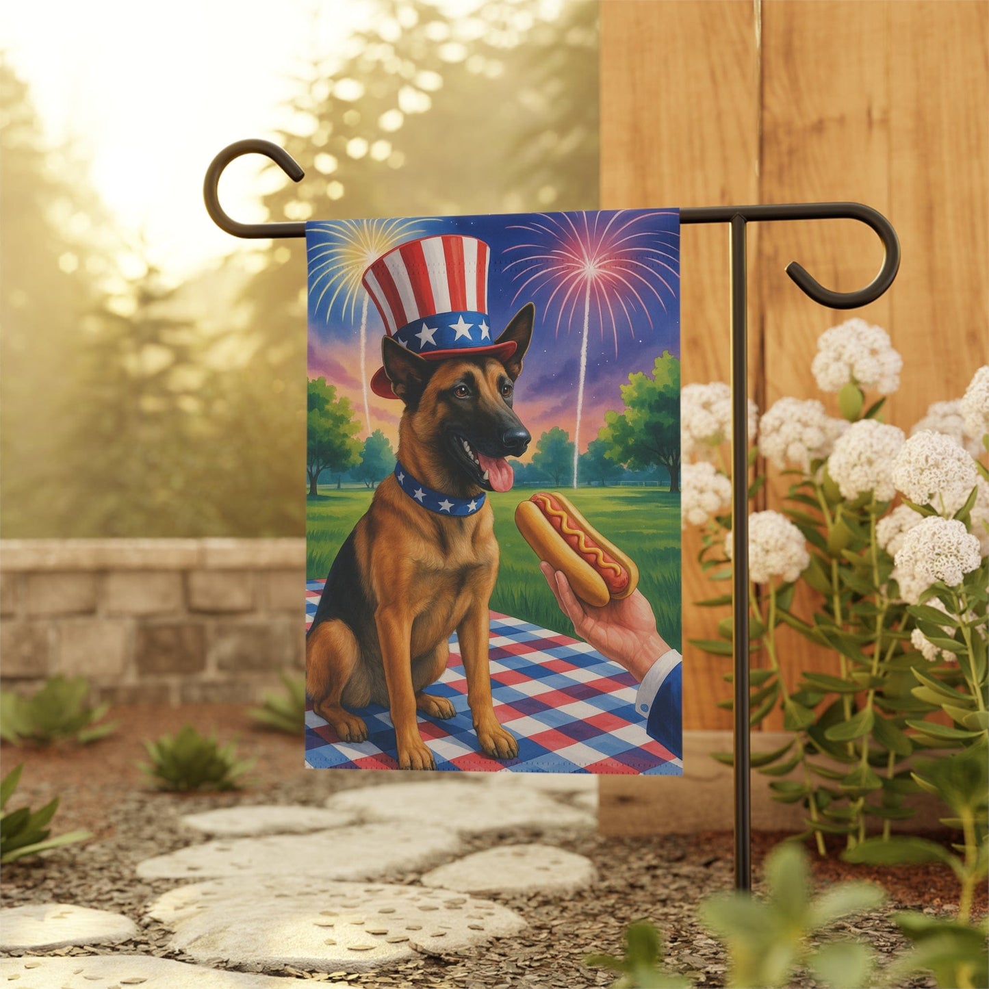 Printify Home Decor Garden Flag, Belgian Malinoise Dog 4th of July Yard Decor, Hot Dog Independence Day America