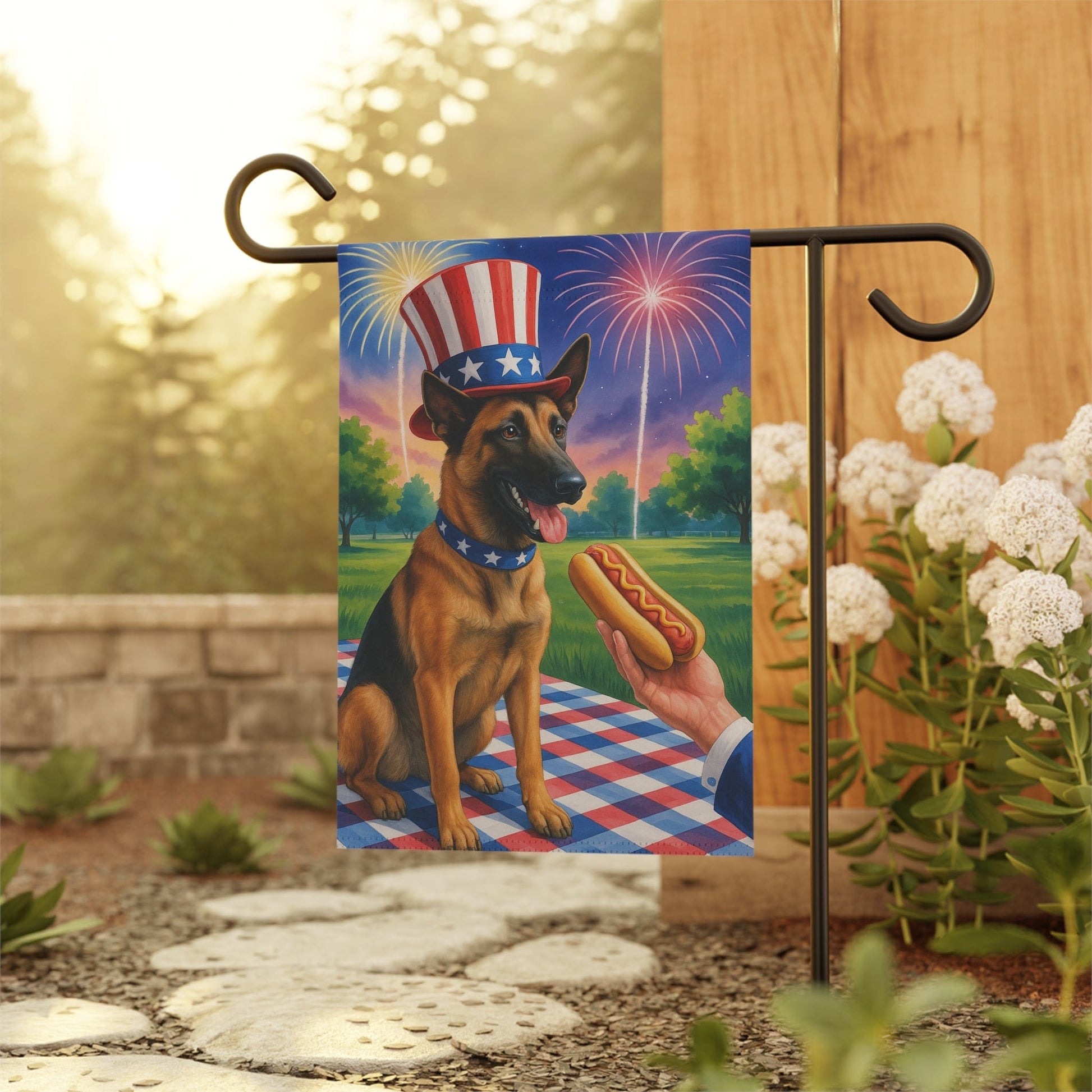 Printify Home Decor Garden Flag, Belgian Malinoise Dog 4th of July Yard Decor, Hot Dog Independence Day America