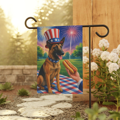Printify Home Decor Garden Flag, Belgian Malinoise Dog 4th of July Yard Decor, Hot Dog Independence Day America
