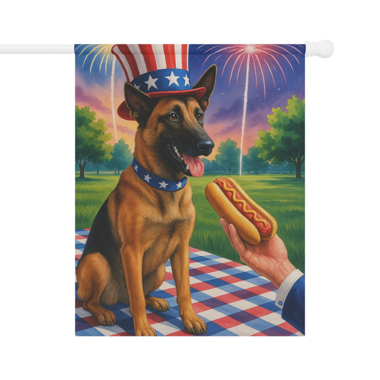 Printify Home Decor 24.5'' × 32'' Garden Flag, Belgian Malinoise Dog 4th of July Yard Decor, Hot Dog Independence Day America