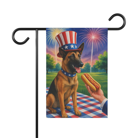 Printify Home Decor 12'' × 18'' Garden Flag, Belgian Malinoise Dog 4th of July Yard Decor, Hot Dog Independence Day America