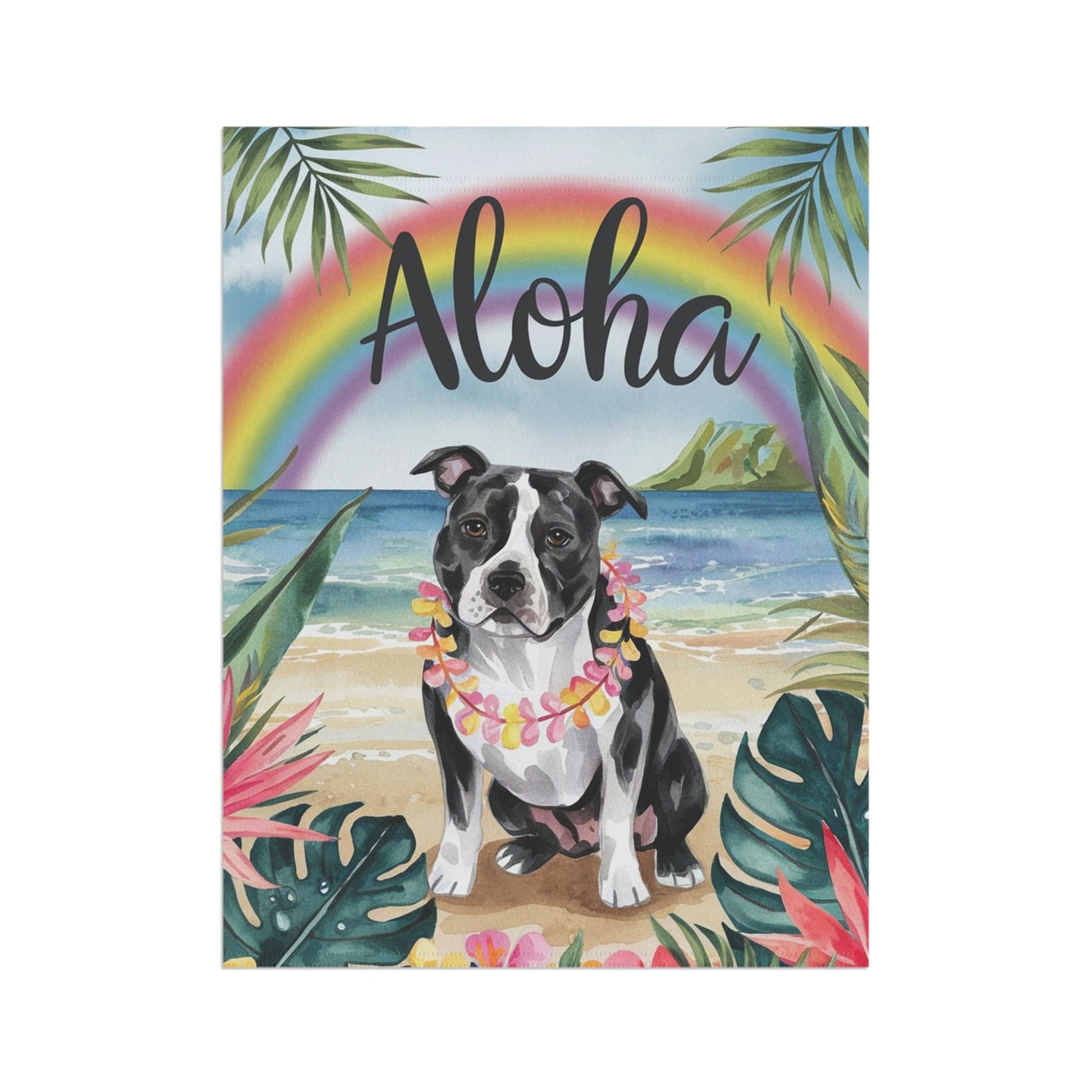 Printify Home Decor Garden Flag, Black Staffordshire Bull Terrier Aloha Luau Party Decor, Tropical Hawaiian Beach