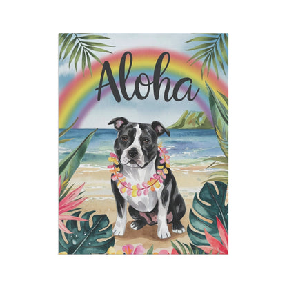 Printify Home Decor Garden Flag, Black Staffordshire Bull Terrier Aloha Luau Party Decor, Tropical Hawaiian Beach