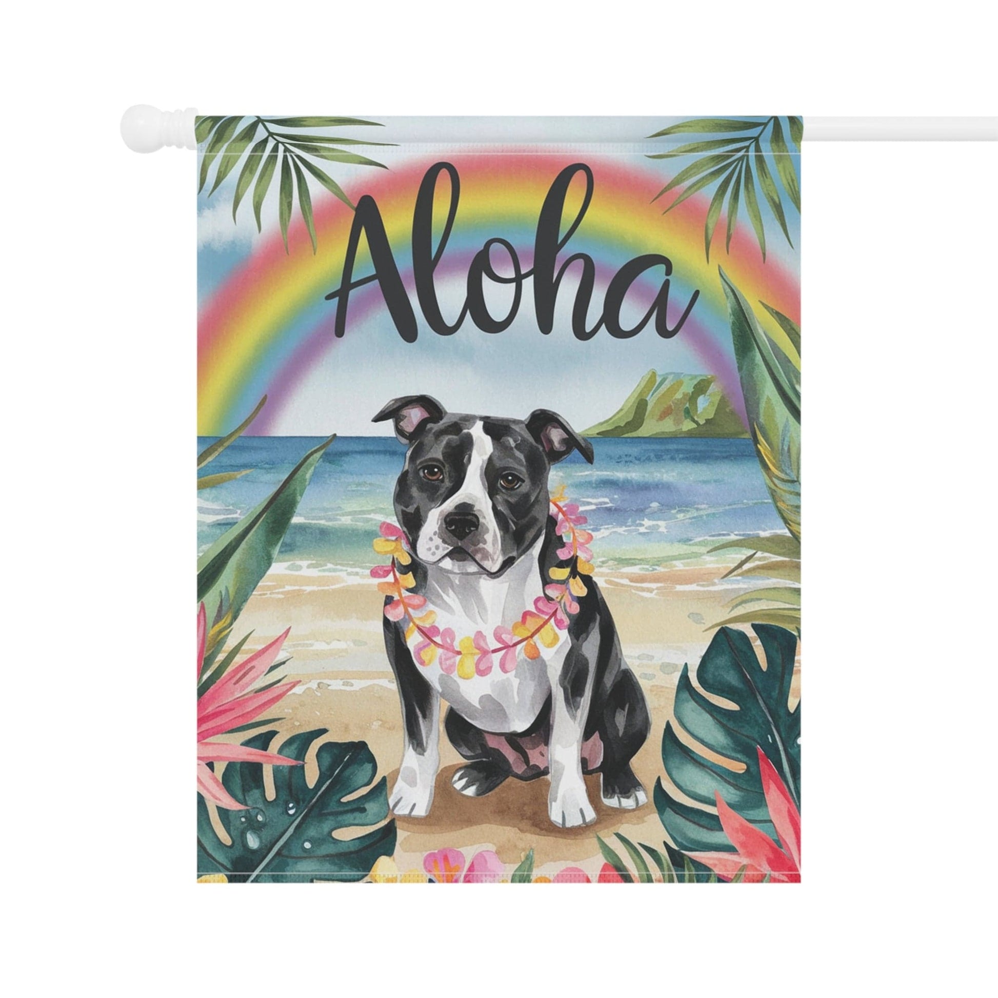 Printify Home Decor Garden Flag, Black Staffordshire Bull Terrier Aloha Luau Party Decor, Tropical Hawaiian Beach