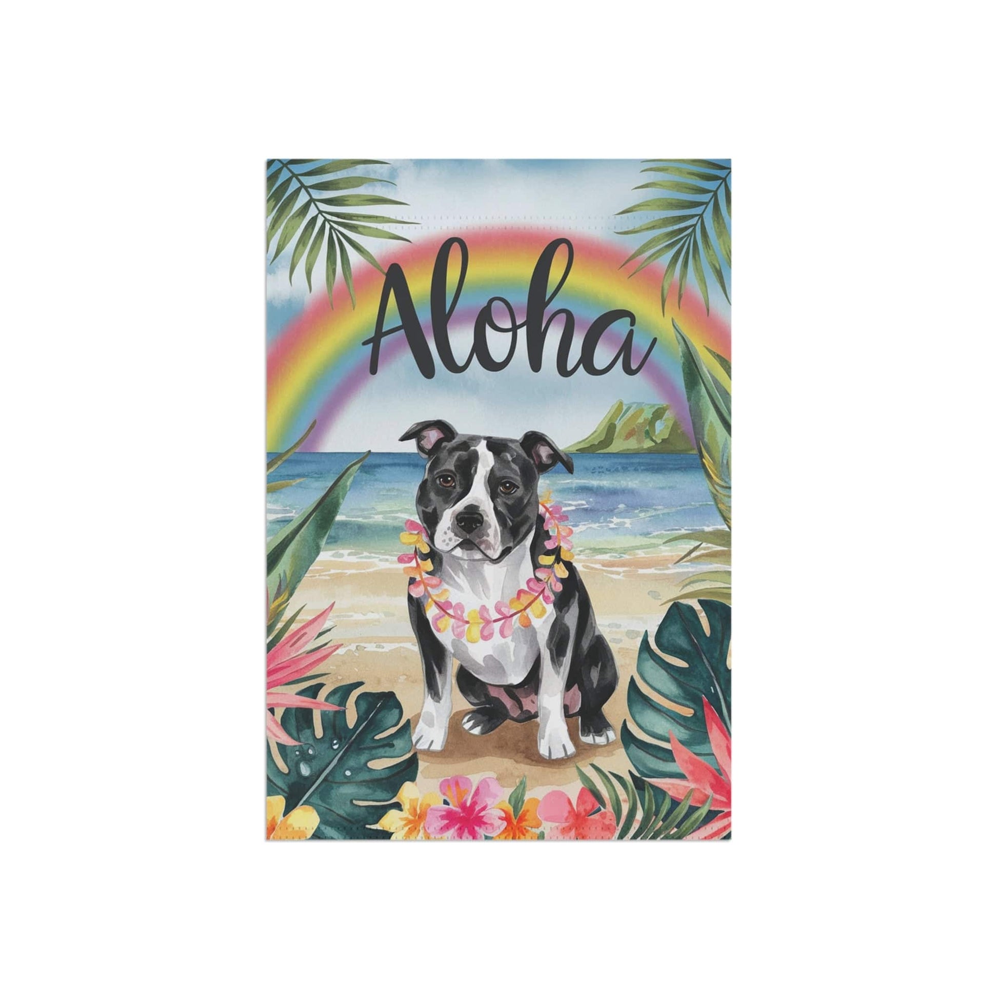 Printify Home Decor Garden Flag, Black Staffordshire Bull Terrier Aloha Luau Party Decor, Tropical Hawaiian Beach