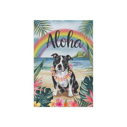 Printify Home Decor Garden Flag, Black Staffordshire Bull Terrier Aloha Luau Party Decor, Tropical Hawaiian Beach