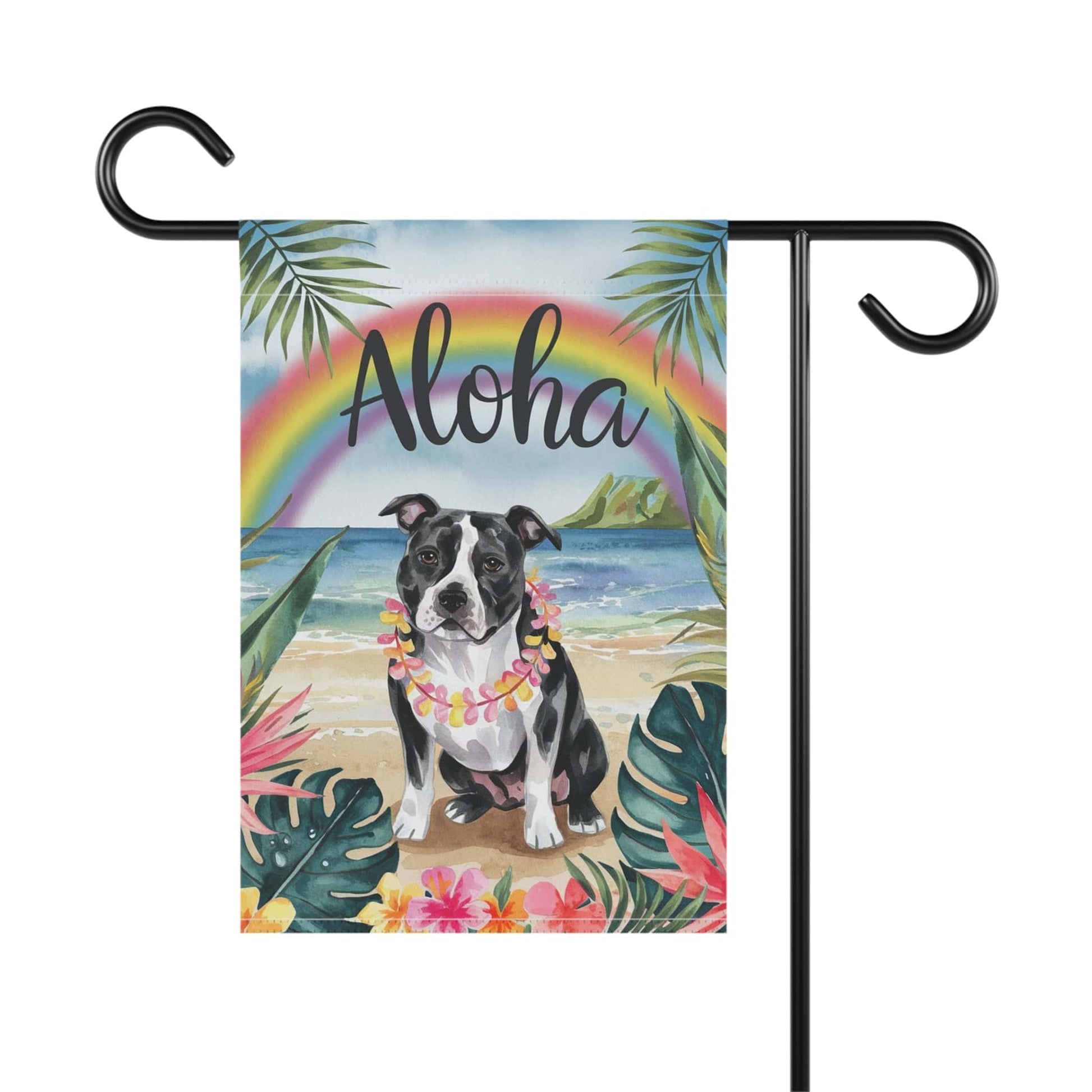 Printify Home Decor Garden Flag, Black Staffordshire Bull Terrier Aloha Luau Party Decor, Tropical Hawaiian Beach