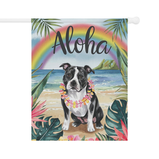 Printify Home Decor 24.5'' × 32'' Garden Flag, Black Staffordshire Bull Terrier Aloha Luau Party Decor, Tropical Hawaiian Beach