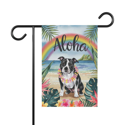 Printify Home Decor 12'' × 18'' Garden Flag, Black Staffordshire Bull Terrier Aloha Luau Party Decor, Tropical Hawaiian Beach