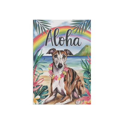 Printify Home Decor Garden Flag, Brindle Greyhound Aloha Luau Party Decor, Tropical Hawaiian Beach Scene