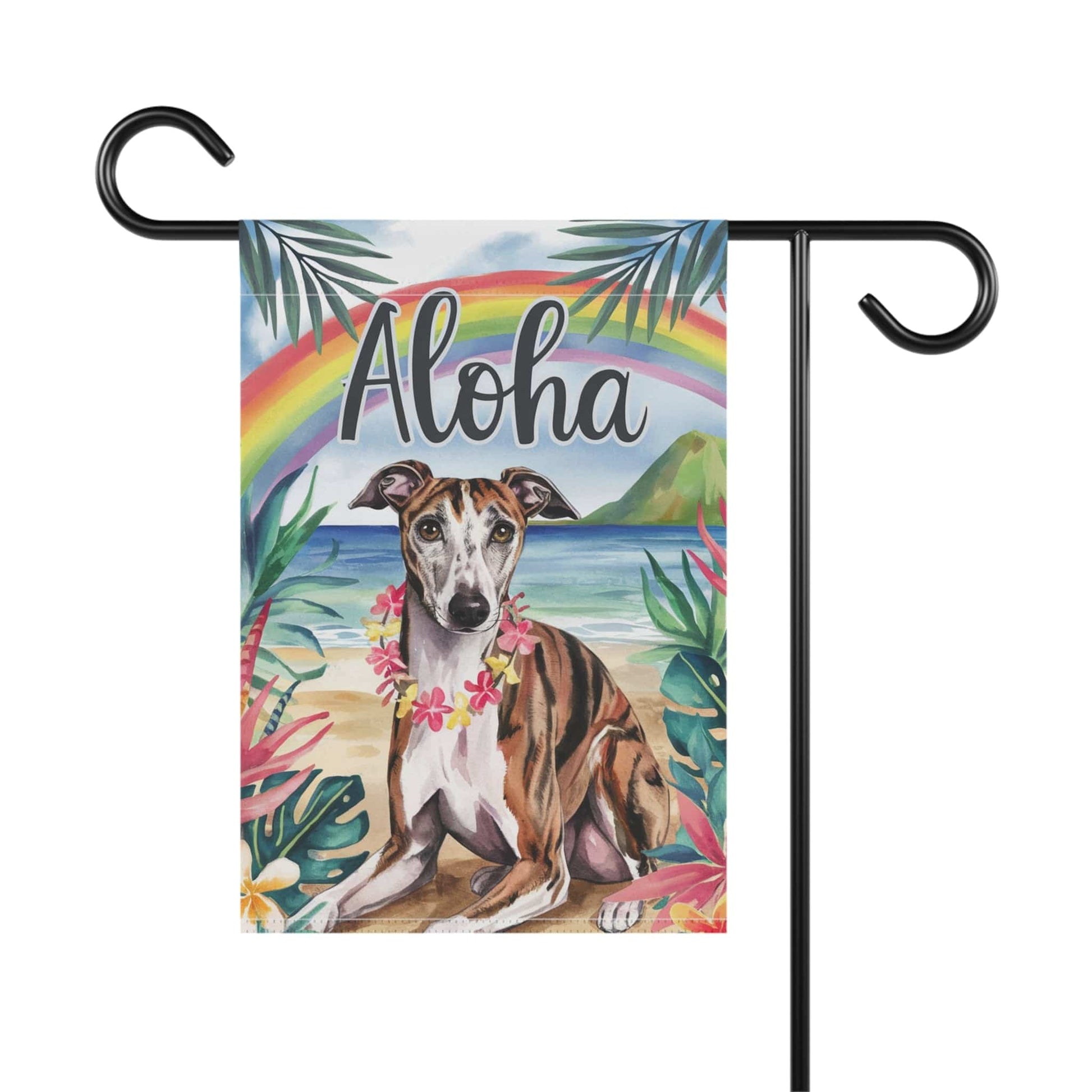 Printify Home Decor Garden Flag, Brindle Greyhound Aloha Luau Party Decor, Tropical Hawaiian Beach Scene