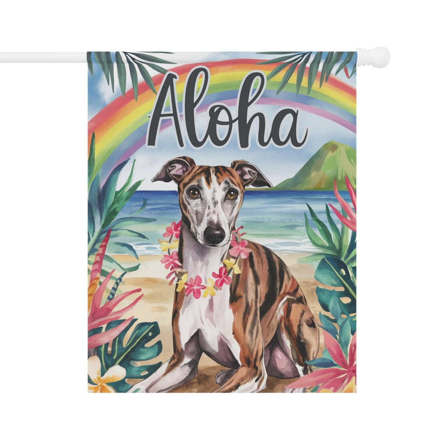 Printify Home Decor 24.5'' × 32'' Garden Flag, Brindle Greyhound Aloha Luau Party Decor, Tropical Hawaiian Beach Scene