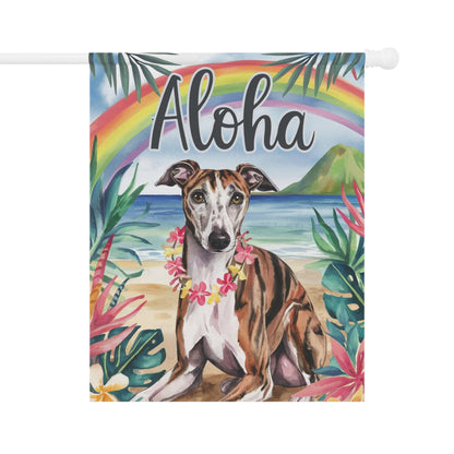 Printify Home Decor 24.5'' × 32'' Garden Flag, Brindle Greyhound Aloha Luau Party Decor, Tropical Hawaiian Beach Scene