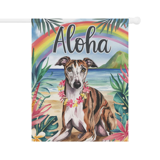 Printify Home Decor 24.5'' × 32'' Garden Flag, Brindle Greyhound Aloha Luau Party Decor, Tropical Hawaiian Beach Scene