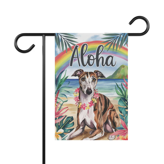 Printify Home Decor 12'' × 18'' Garden Flag, Brindle Greyhound Aloha Luau Party Decor, Tropical Hawaiian Beach Scene