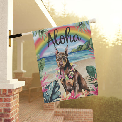 Printify Home Decor Garden Flag, Doberman Pinscher Aloha Luau Party Decor, Tropical Hawaiian Beach Scene