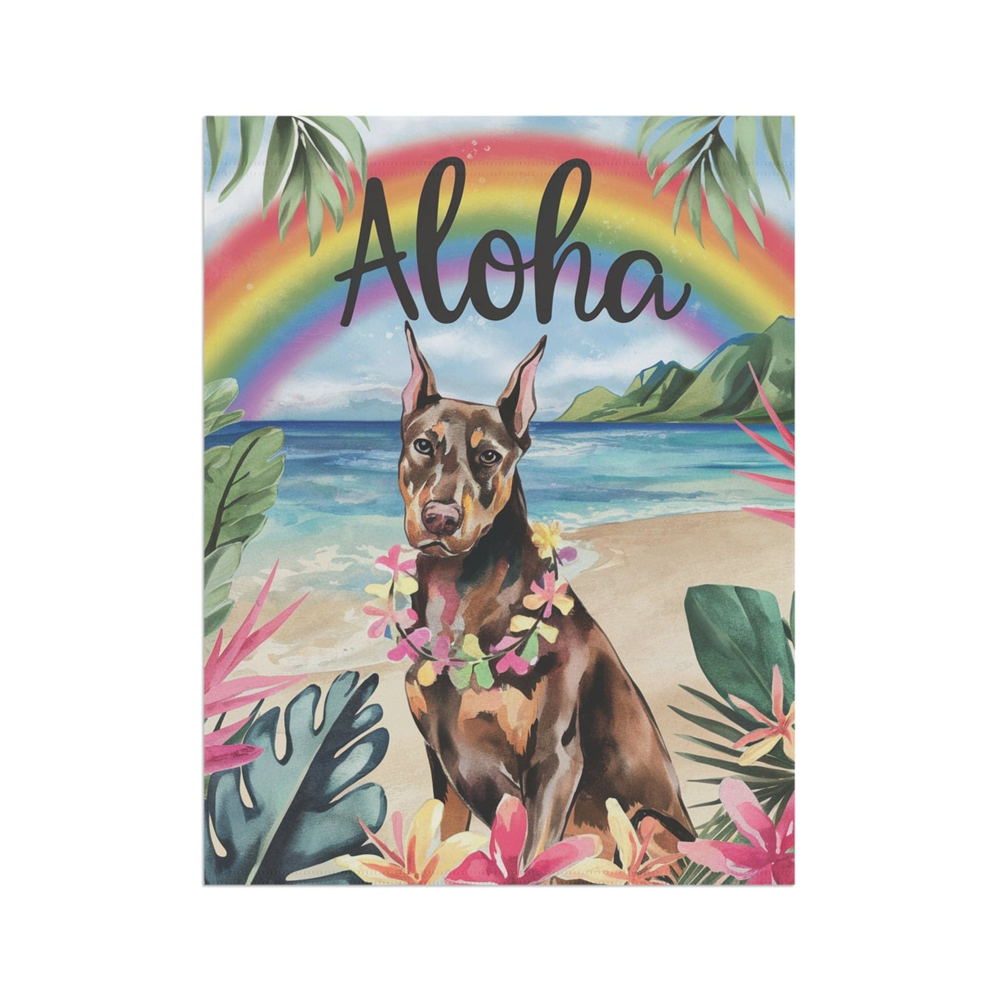Printify Home Decor Garden Flag, Doberman Pinscher Aloha Luau Party Decor, Tropical Hawaiian Beach Scene