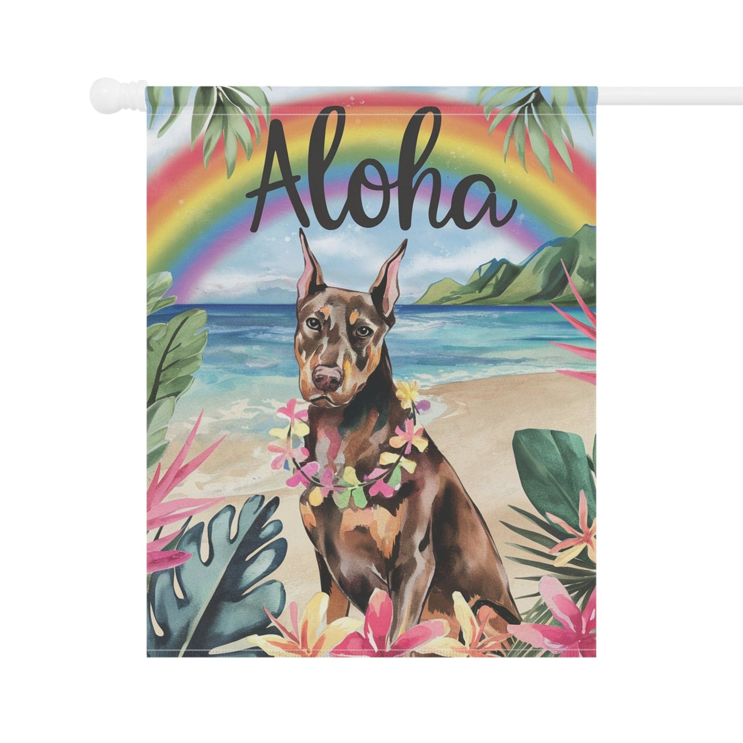 Printify Home Decor Garden Flag, Doberman Pinscher Aloha Luau Party Decor, Tropical Hawaiian Beach Scene