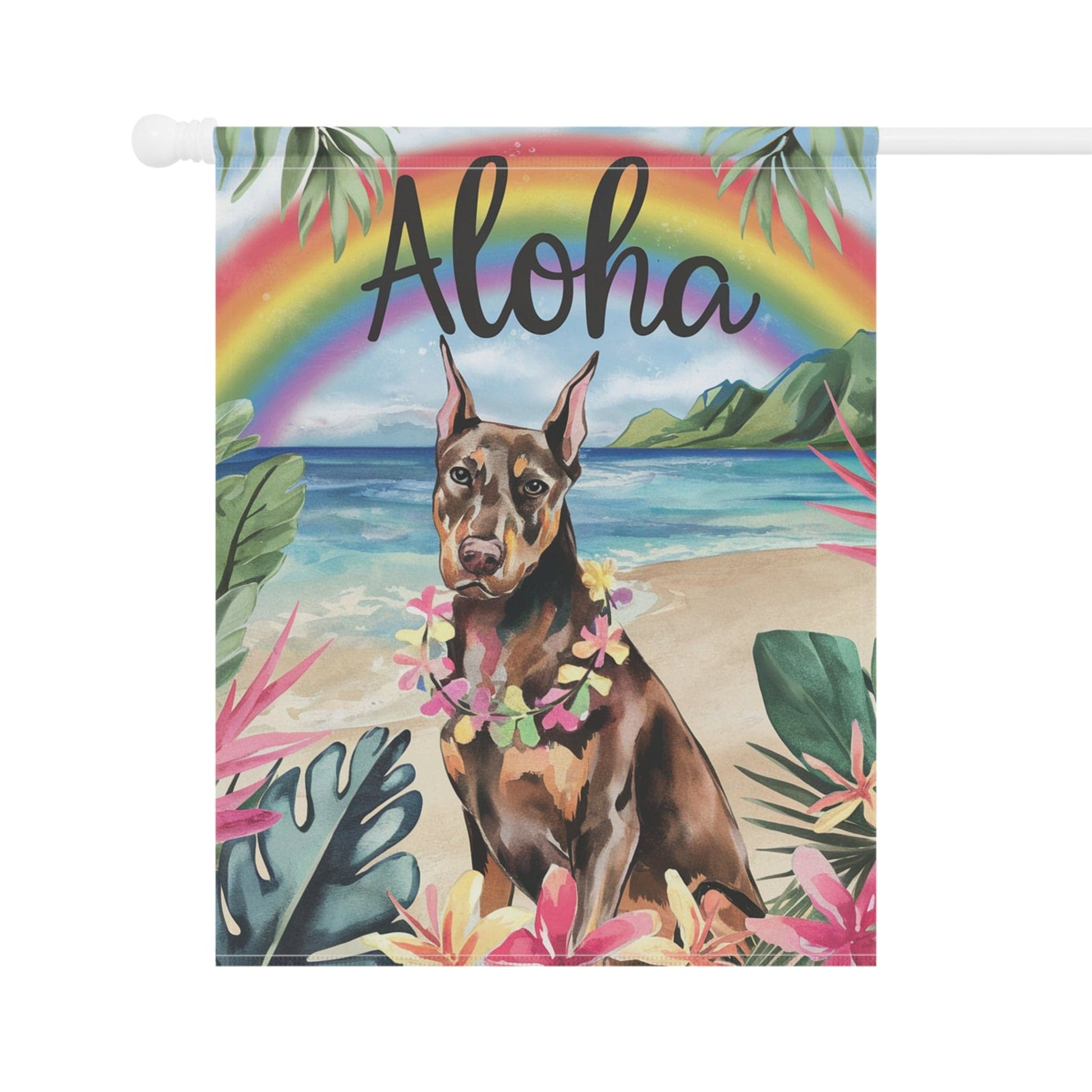 Printify Home Decor Garden Flag, Doberman Pinscher Aloha Luau Party Decor, Tropical Hawaiian Beach Scene