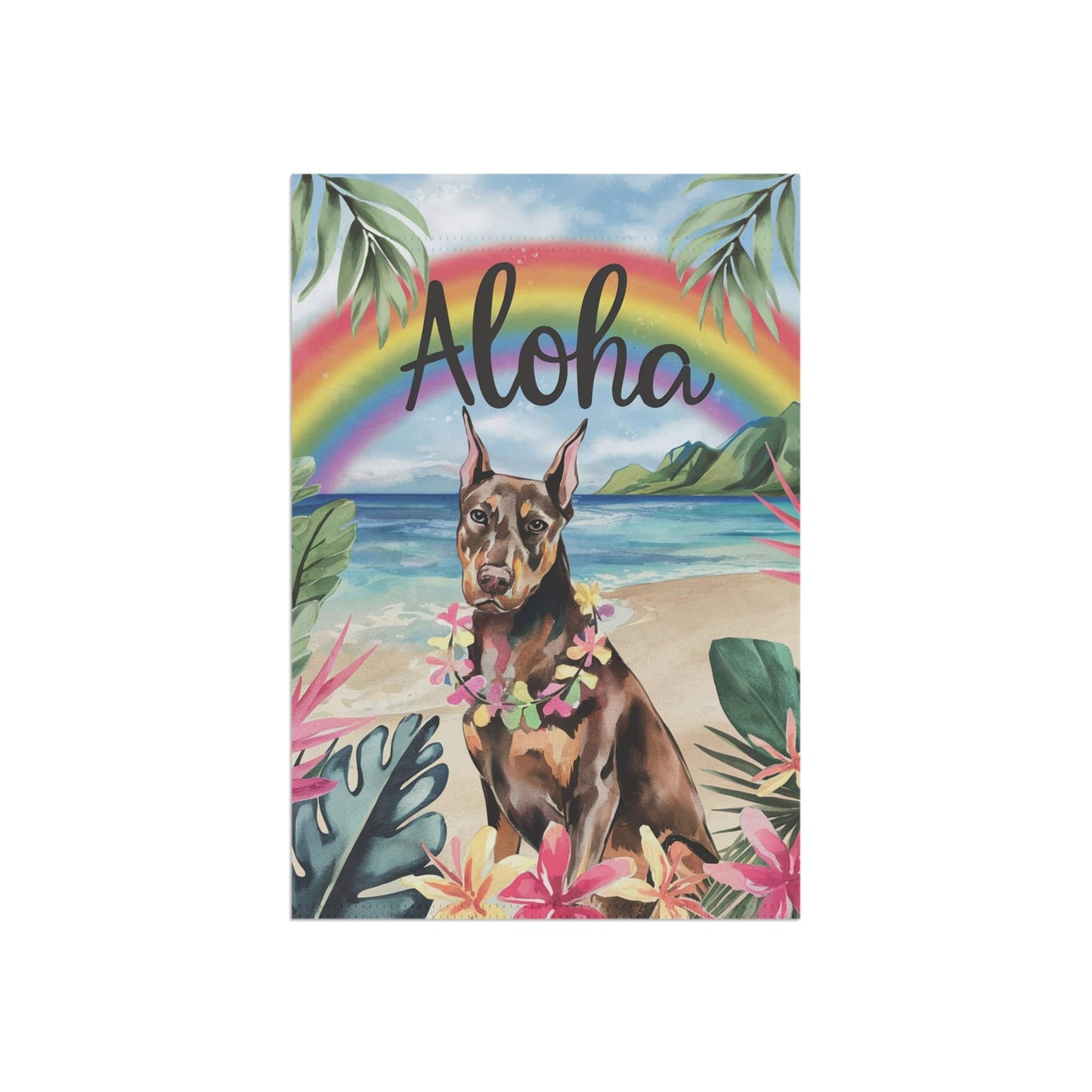 Printify Home Decor Garden Flag, Doberman Pinscher Aloha Luau Party Decor, Tropical Hawaiian Beach Scene