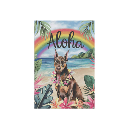 Printify Home Decor Garden Flag, Doberman Pinscher Aloha Luau Party Decor, Tropical Hawaiian Beach Scene
