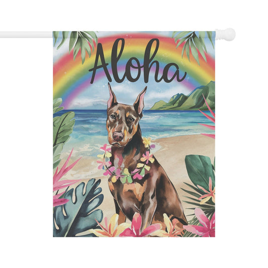 Printify Home Decor 24.5'' × 32'' Garden Flag, Doberman Pinscher Aloha Luau Party Decor, Tropical Hawaiian Beach Scene