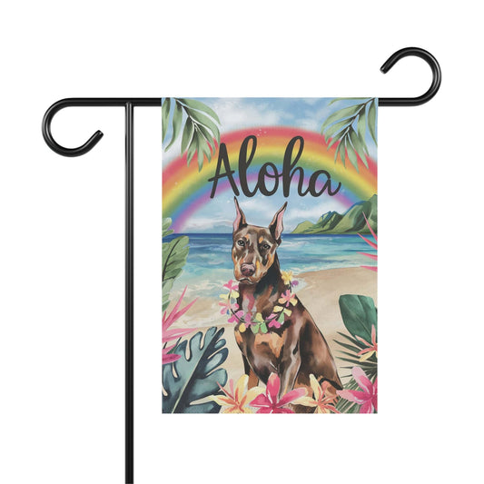Printify Home Decor 12'' × 18'' Garden Flag, Doberman Pinscher Aloha Luau Party Decor, Tropical Hawaiian Beach Scene