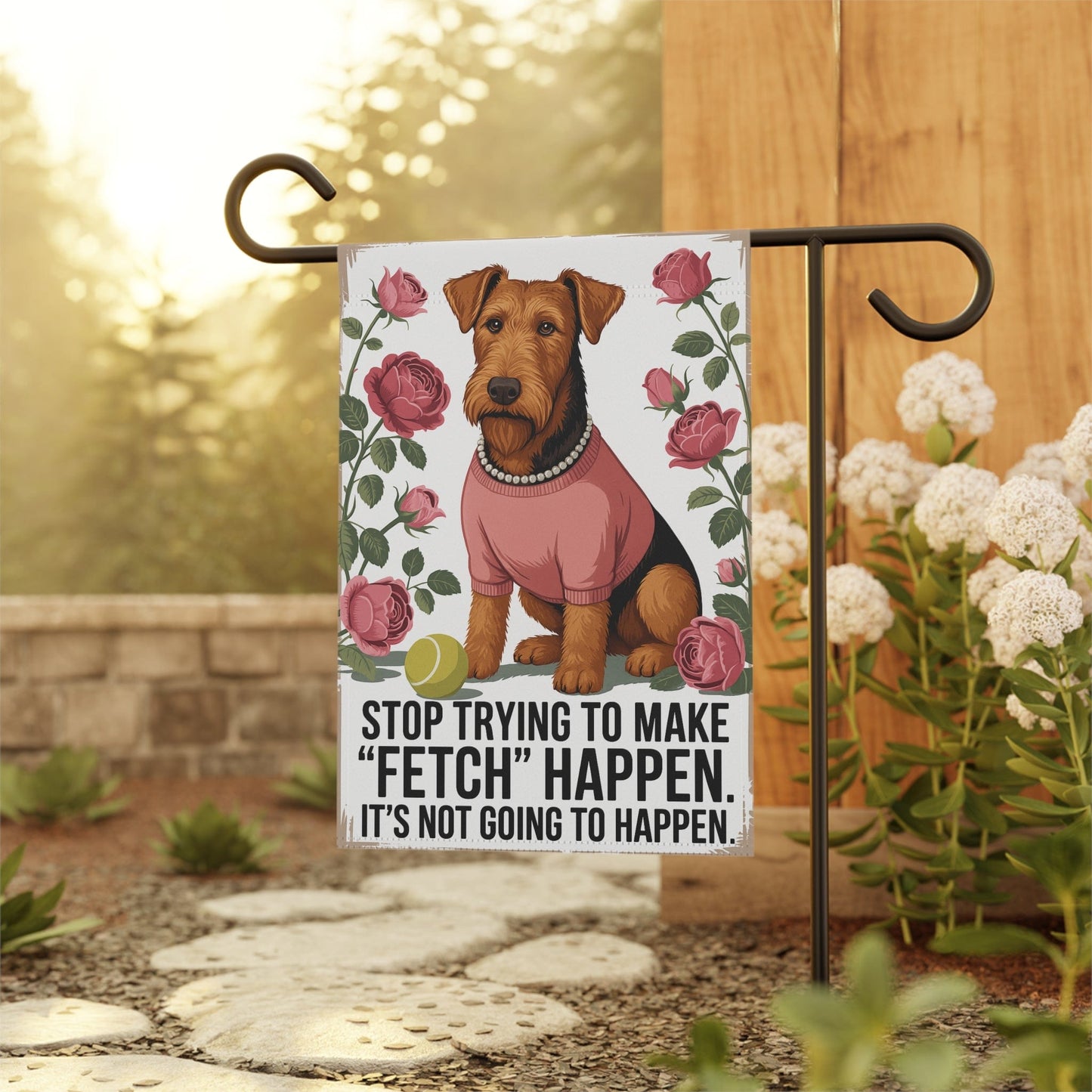 Printify Home Decor Garden Flag, Fetch Decor, Roses, Airedale Terrier, New Home Housewarming Gift, Preppy Banner, Outdoor Yard Art, Cute Dog Lover Present