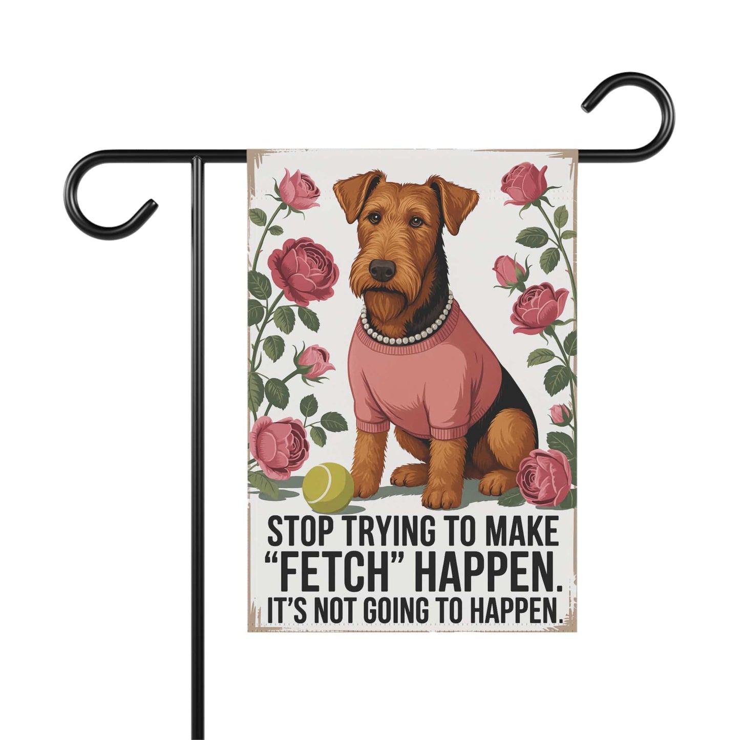 Printify Home Decor 12'' × 18'' Garden Flag, Fetch Decor, Roses, Airedale Terrier, New Home Housewarming Gift, Preppy Banner, Outdoor Yard Art, Cute Dog Lover Present