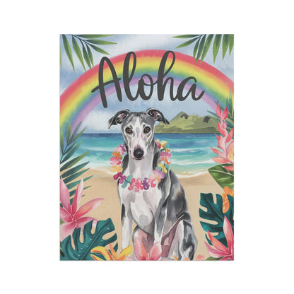 Printify Home Decor Garden Flag, Gray Greyhound Aloha Luau Party Decor, Tropical Hawaiian Beach Scene
