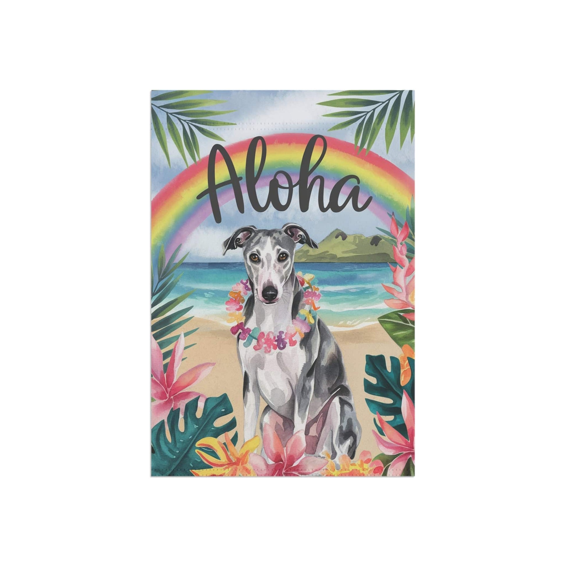 Printify Home Decor Garden Flag, Gray Greyhound Aloha Luau Party Decor, Tropical Hawaiian Beach Scene