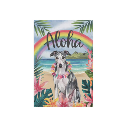 Printify Home Decor Garden Flag, Gray Greyhound Aloha Luau Party Decor, Tropical Hawaiian Beach Scene