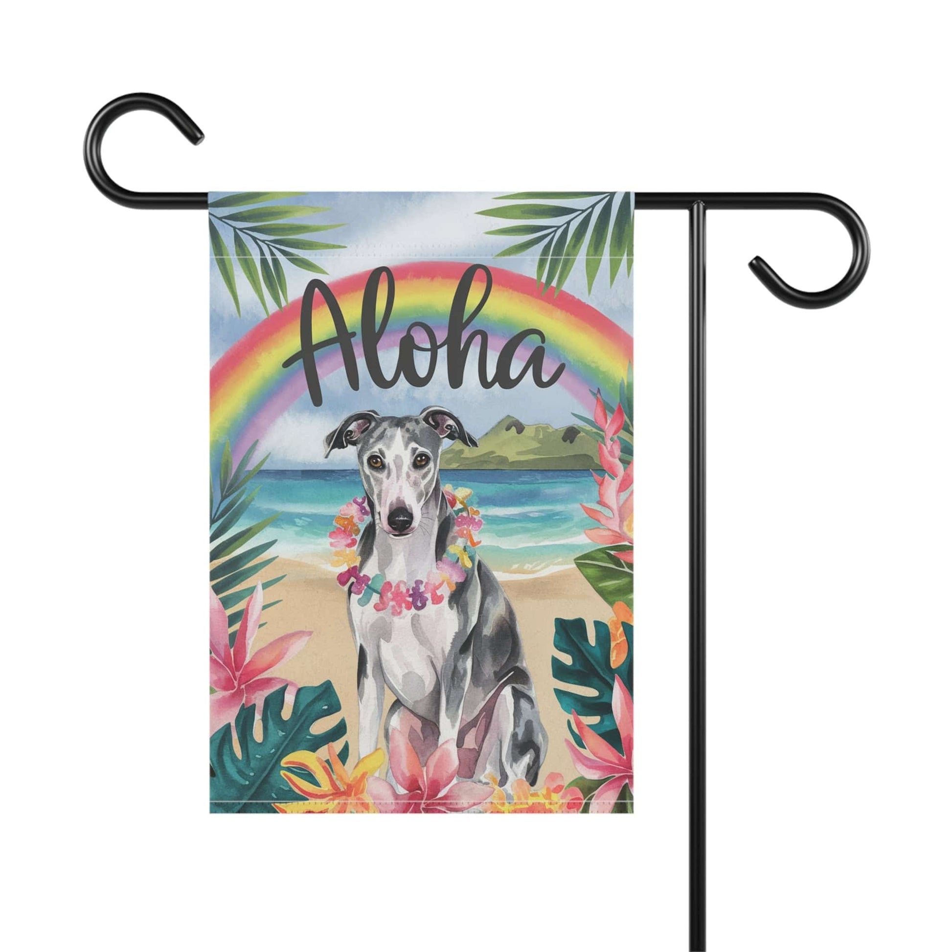 Printify Home Decor Garden Flag, Gray Greyhound Aloha Luau Party Decor, Tropical Hawaiian Beach Scene