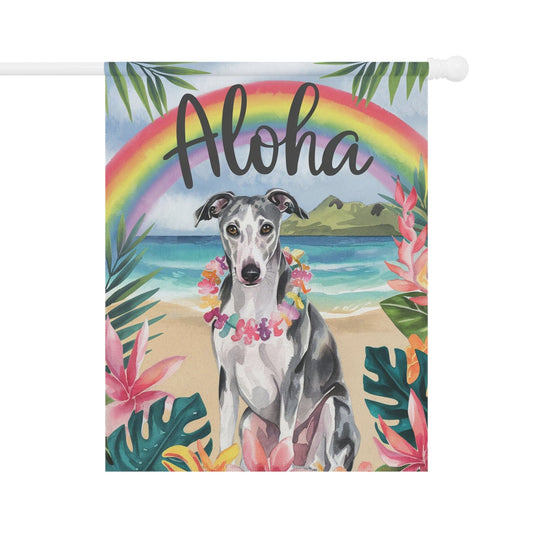 Printify Home Decor 24.5'' × 32'' Garden Flag, Gray Greyhound Aloha Luau Party Decor, Tropical Hawaiian Beach Scene