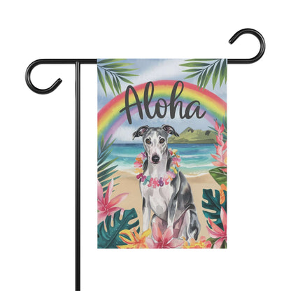 Printify Home Decor 12'' × 18'' Garden Flag, Gray Greyhound Aloha Luau Party Decor, Tropical Hawaiian Beach Scene