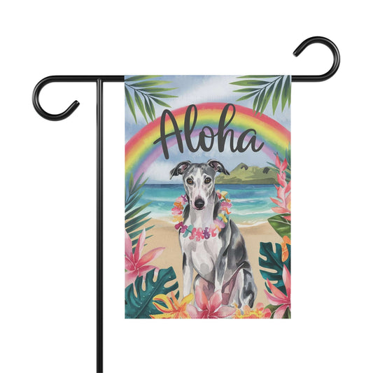 Printify Home Decor 12'' × 18'' Garden Flag, Gray Greyhound Aloha Luau Party Decor, Tropical Hawaiian Beach Scene