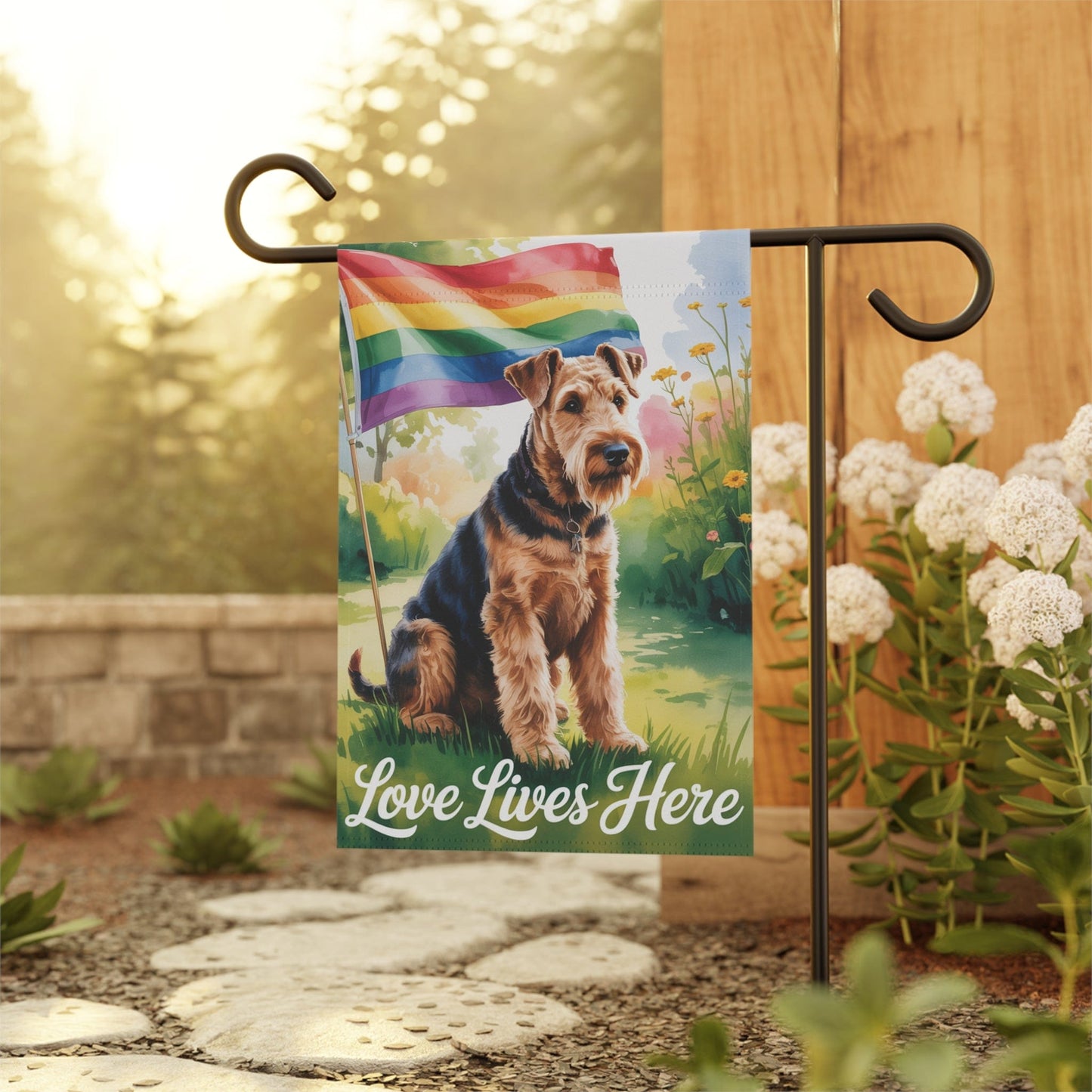 Printify Home Decor Garden Flag, LGBTQ+ Pride Airedale Terrier Banner, Ally Love, Rainbow Decor, House Decoration, Outdoor Yard Art, Housewarming New Home Gift