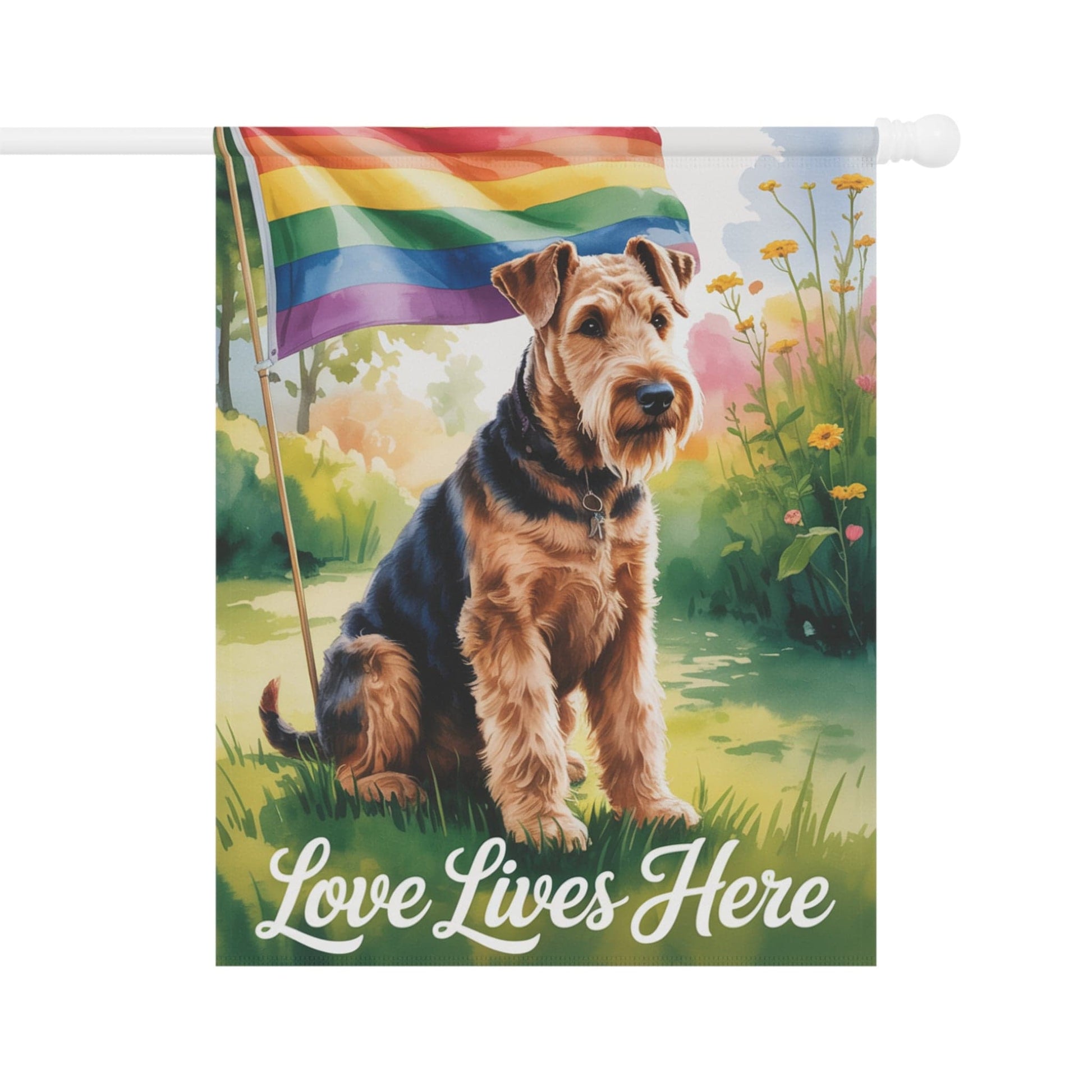 Printify Home Decor 24.5'' × 32'' Garden Flag, LGBTQ+ Pride Airedale Terrier Banner, Ally Love, Rainbow Decor, House Decoration, Outdoor Yard Art, Housewarming New Home Gift