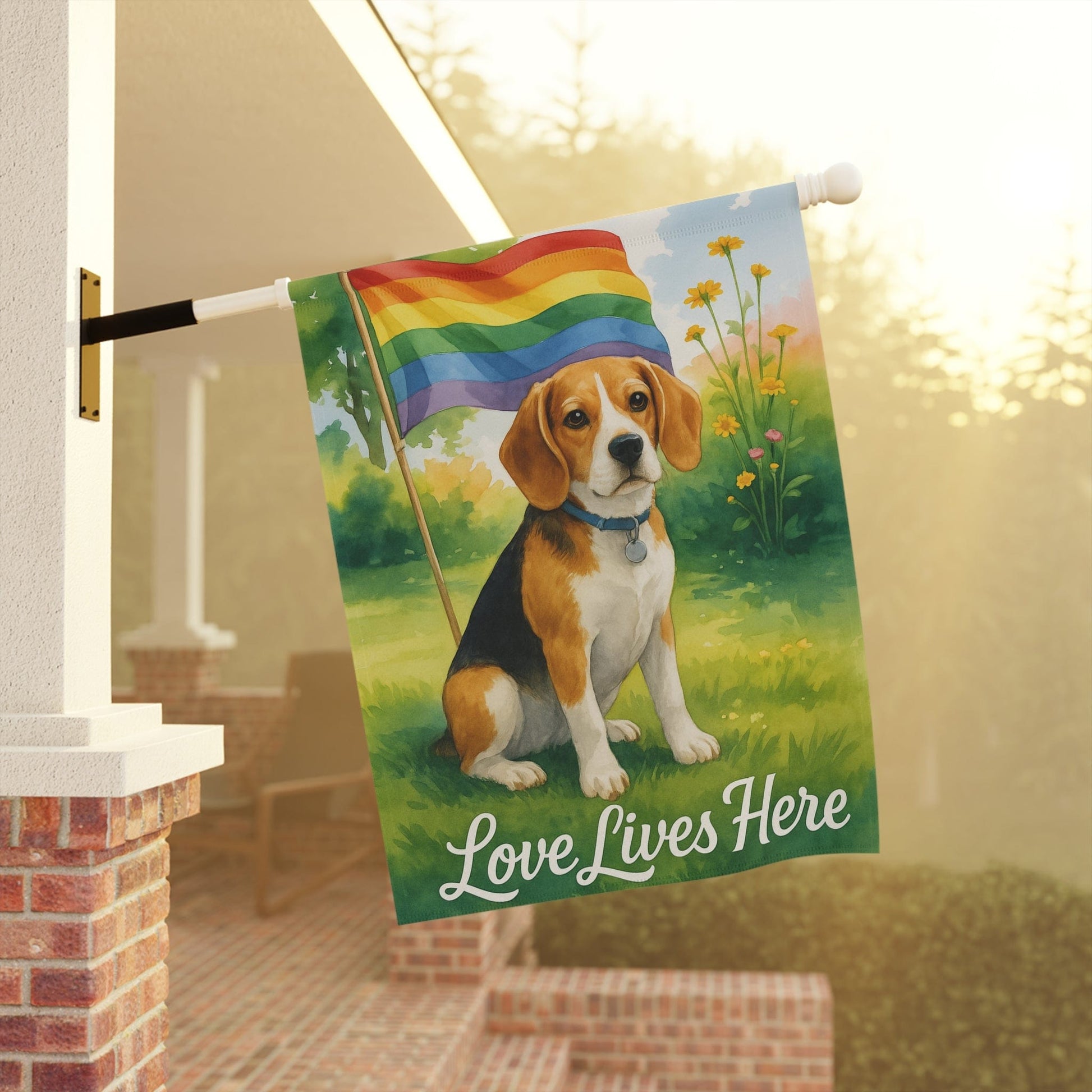 Printify Home Decor Garden Flag, LGBTQ+ Pride Beagle Hound Dog Banner, Ally Love, Rainbow Decor