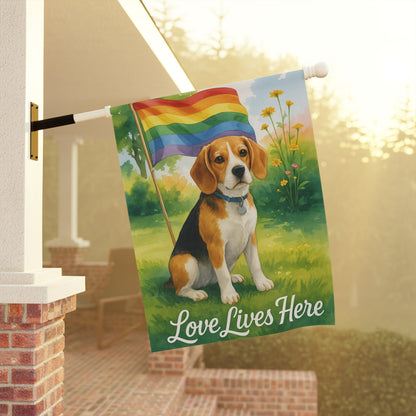Printify Home Decor Garden Flag, LGBTQ+ Pride Beagle Hound Dog Banner, Ally Love, Rainbow Decor