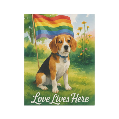 Printify Home Decor Garden Flag, LGBTQ+ Pride Beagle Hound Dog Banner, Ally Love, Rainbow Decor