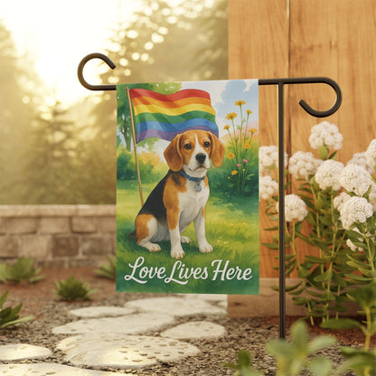 Printify Home Decor Garden Flag, LGBTQ+ Pride Beagle Hound Dog Banner, Ally Love, Rainbow Decor