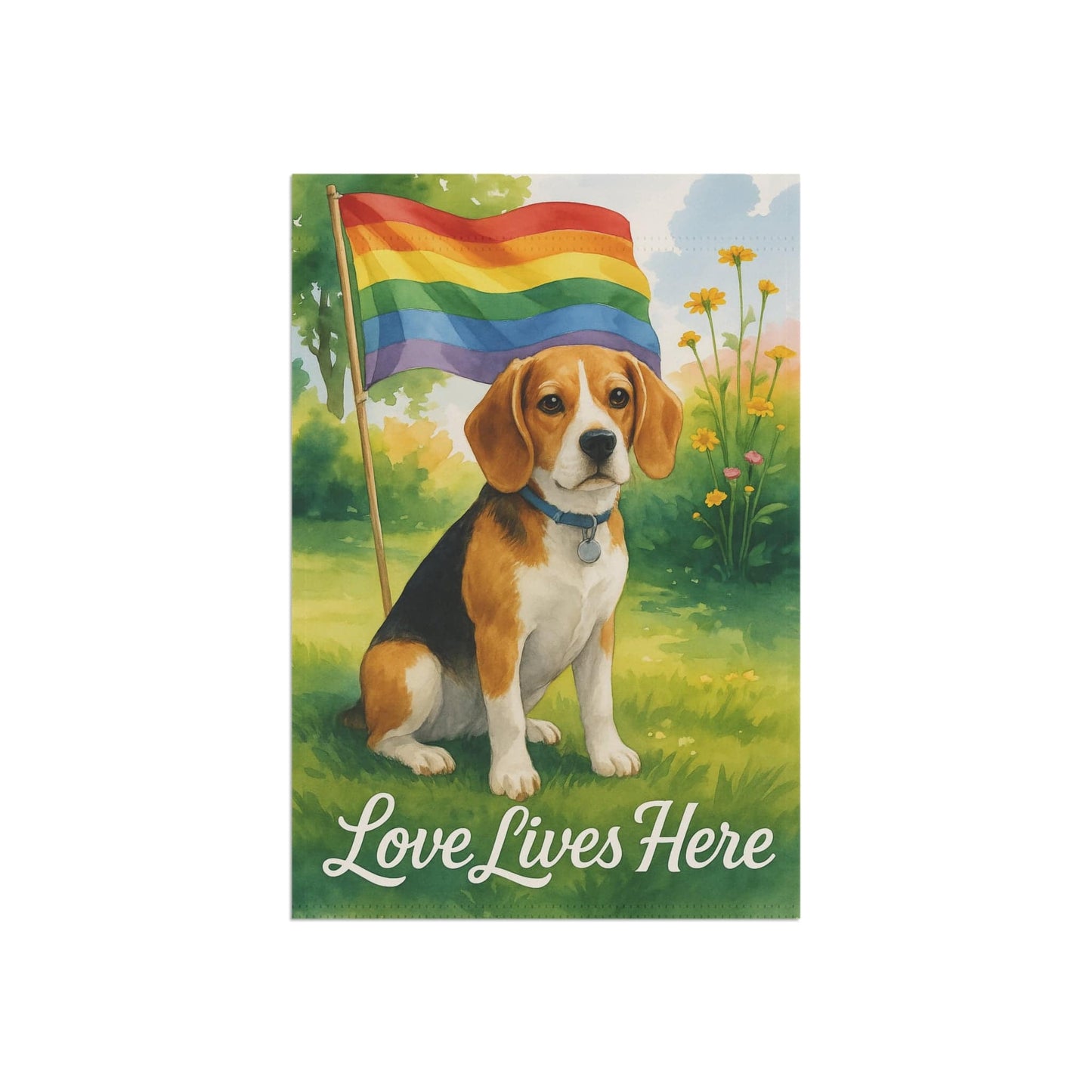 Printify Home Decor Garden Flag, LGBTQ+ Pride Beagle Hound Dog Banner, Ally Love, Rainbow Decor