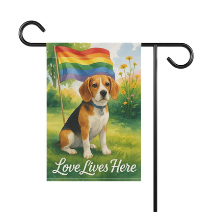 Printify Home Decor Garden Flag, LGBTQ+ Pride Beagle Hound Dog Banner, Ally Love, Rainbow Decor