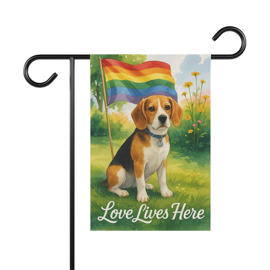 Printify Home Decor 12'' × 18'' Garden Flag, LGBTQ+ Pride Beagle Hound Dog Banner, Ally Love, Rainbow Decor